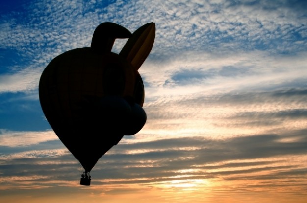 hot air balloon silhouette flying over sunset sky