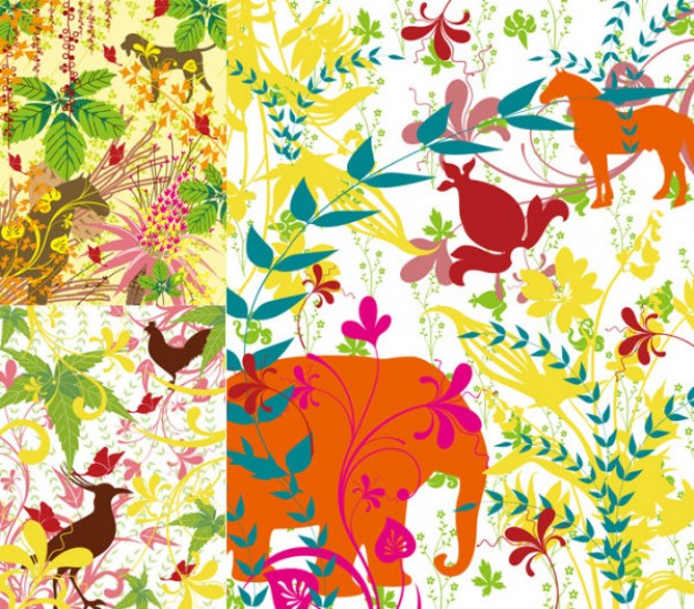 pattern with animals and leaved stems