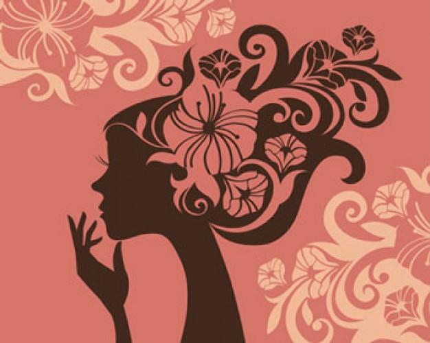 pink illustrations girl with floral flower silhouette